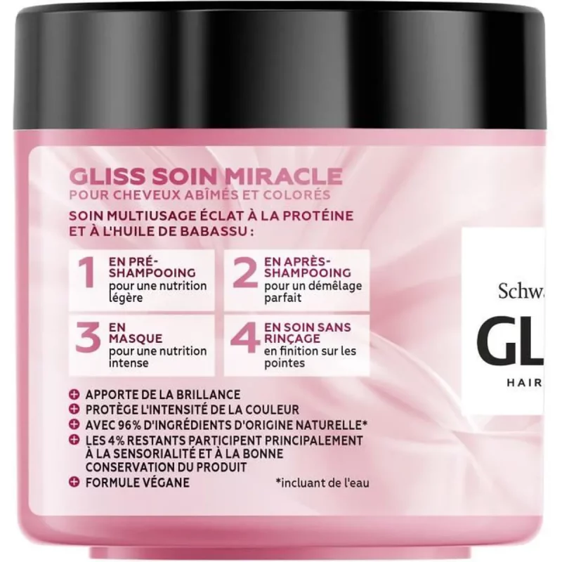 SCHWARZKOPF Gliss - Masque Soin Miracle Eclat 4 en 1 - Cheveux abîmés et colorés - 400ml