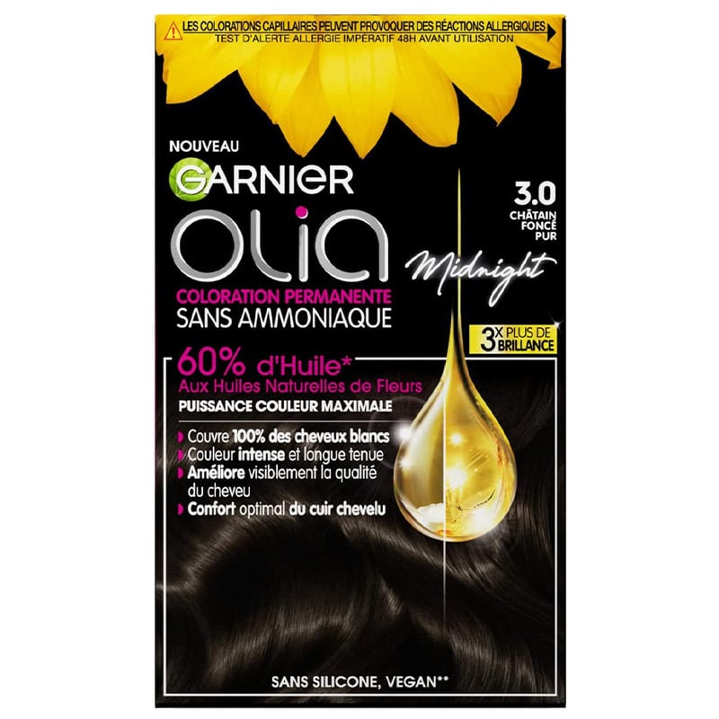 Garnier Olia - Coloration permanente sans ammoniaque aux huiles naturelles de fleurs - Noir/Châtain foncé pur (3.0)
