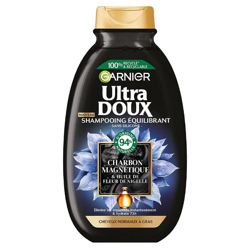 Shampooing Garnier Ultra Doux Charbon Magnétique & Fleur de Nigelle - Hydratant et Équilibrant pour Cheveux Normaux à Gras