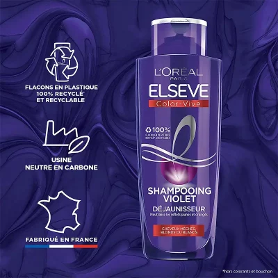 Shampooing Violet Déjaunisseur Elseve Color-Vive L'Oréal Paris - Cheveux Blonds, Décolorés, Méchés ou Blancs - 200 ml
