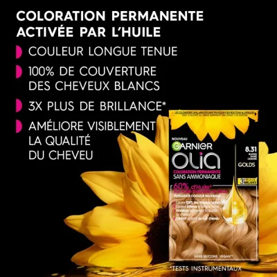 Blond Doré Cendré 8.31 - Garnier Olia Coloration Permanente Sans Ammoniaque aux Huiles Naturelles de Fleurs