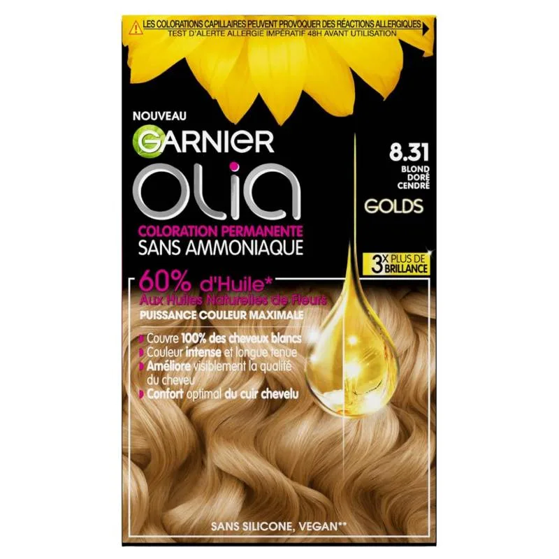 Blond Doré Cendré 8.31 - Garnier Olia Coloration Permanente Sans Ammoniaque aux Huiles Naturelles de Fleurs