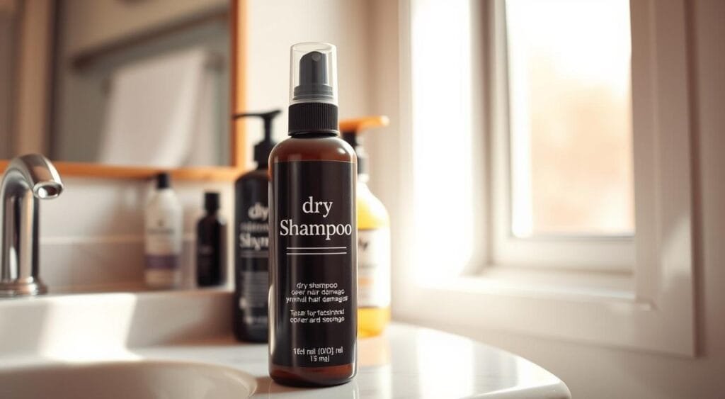 A bathroom counter with various haircare products, including a bottle of dry shampoo. The dry shampoo is the focal point, highlighted by warm, soft lighting from a nearby window. The image conveys a sense of simplicity and mindfulness, with the dry shampoo bottle positioned intentionally, suggesting the proper technique for using it to minimize hair damage. The background is slightly blurred, drawing the viewer's attention to the dry shampoo and creating a serene, meditative atmosphere. A bathroom counter with various haircare products, including a bottle of dry shampoo. The dry shampoo is the focal point, highlighted by warm, soft lighting from a nearby window. The image conveys a sense of simplicity and mindfulness, with the dry shampoo bottle positioned intentionally, suggesting the proper technique for using it to minimize hair damage. The background is slightly blurred, drawing the viewer's attention to the dry shampoo and creating a serene, meditative atmosphere.