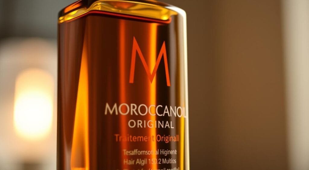 A beautifully lit, close-up photograph of a bottle of Moroccanoil Traitement Original hair oil, capturing its elegant and iconic design. The amber-colored glass bottle reflects the warm, inviting lighting, creating a soft, luminous glow. The Moroccanoil logo is prominently featured, with the product's name clearly visible. The background is slightly blurred, creating a sense of depth and focus on the central subject. The overall image conveys the luxurious, nourishing, and transformative nature of this renowned hair treatment product. A beautifully lit, close-up photograph of a bottle of Moroccanoil Traitement Original hair oil, capturing its elegant and iconic design. The amber-colored glass bottle reflects the warm, inviting lighting, creating a soft, luminous glow. The Moroccanoil logo is prominently featured, with the product's name clearly visible. The background is slightly blurred, creating a sense of depth and focus on the central subject. The overall image conveys the luxurious, nourishing, and transformative nature of this renowned hair treatment product.