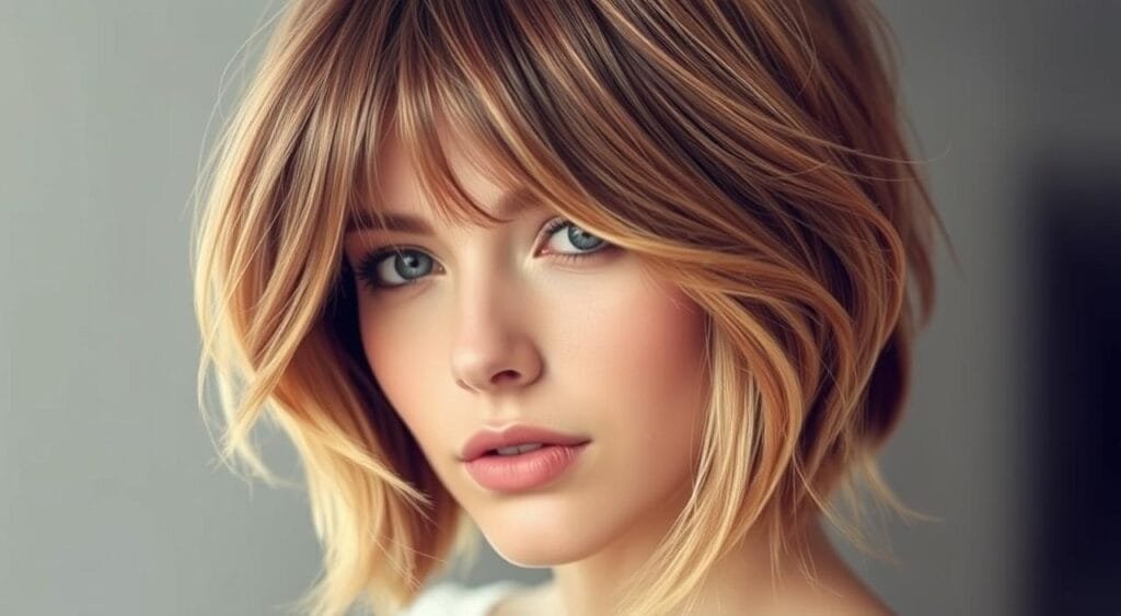 A beautifully styled feathered bob haircut, with soft, flowing locks framing the face in a delicate, feminine way. The hair cascades in smooth, diagonal layers, creating a chic, asymmetrical silhouette. Warm, golden highlights dance across the strands, catching the light and accentuating the depth and dimension of the color. Subtle, complementary makeup enhances the eyes and lips, adding a touch of glamour. The model's serene, confident expression conveys an air of effortless sophistication. Captured in soft, diffused lighting that casts a flattering, ethereal glow, this chic, contemporary take on the classic "carré plongeant" style is the perfect visual representation of the section title "Idée n°1: Le carré plongeant pour sublimer les reflets". 5 idées de coupe de cheveux parfaites après une coloration