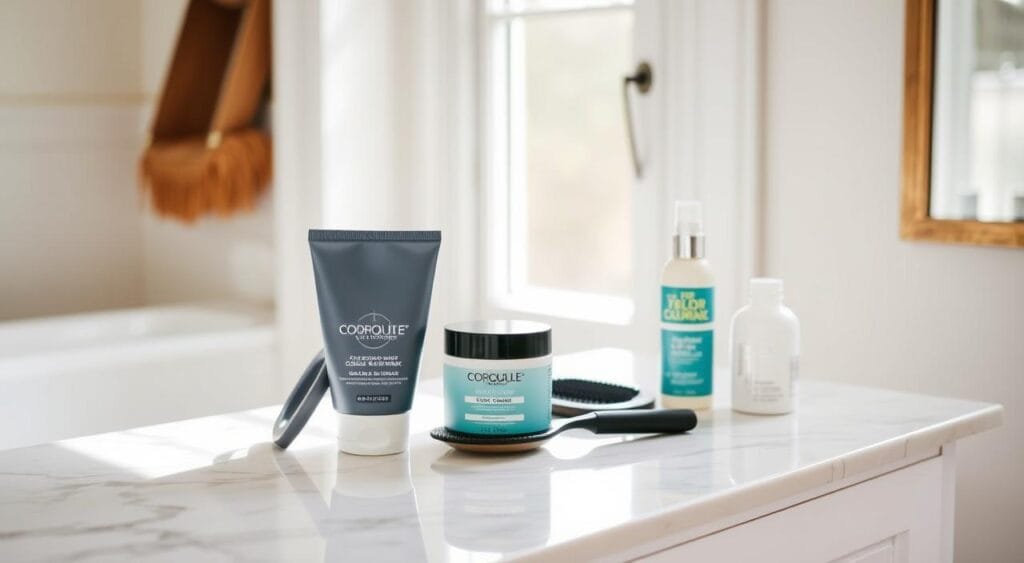 A bright, airy bathroom setting with a marble vanity top, showcasing an array of hair care products and tools. On the vanity, a hairbrush, a color-protecting hair mask, and a thermal styling spray are neatly arranged, suggesting a post-coloring hair care routine. Soft, diffused lighting from a window filters in, creating a soothing and rejuvenating atmosphere. The overall scene conveys a sense of self-care and pampering, perfectly complementing the article's section on prolonging the vibrant effects of a hair color treatment. Comment raviver une coloration ternie naturellement