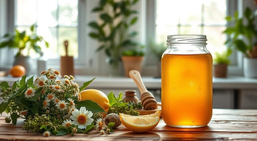 A bright, airy kitchen setting with fresh, natural ingredients arranged in an inviting display. In the foreground, an assortment of hair-lightening herbs and botanicals, such as chamomile, lemon, and honey, are presented on a rustic wooden table. In the middle ground, a glass jar filled with a homemade hair lightening mixture casts a warm, amber glow. The background features a large window overlooking a lush, verdant garden, bathed in soft, diffused natural light. The overall mood is one of simplicity, wellness, and the allure of natural beauty. Comment éclaircir vos cheveux naturellement sans décoloration