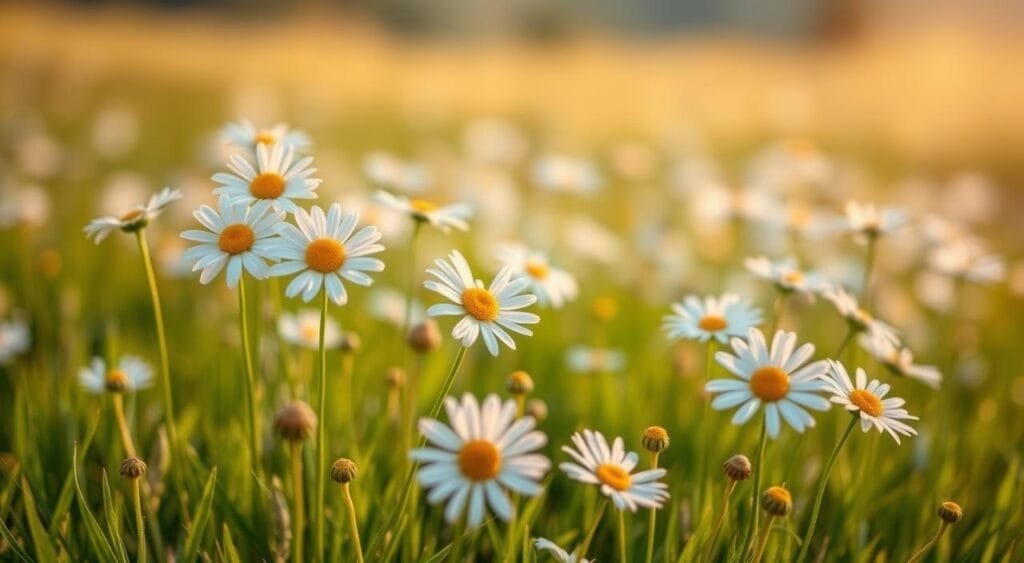 A bright and airy field of delicate chamomile flowers, their pristine white petals gently swaying in the soft breeze. The blossoms are arranged in a natural, organic manner, with a warm, golden-hour lighting illuminating their petite forms. In the foreground, the chamomile stems emerge from a lush, verdant carpet of grass, while the background features a hazy, out-of-focus landscape that adds to the serene, tranquil atmosphere. The overall composition exudes a sense of natural beauty and purity, perfectly capturing the essence of the "camomille éclaircissante" and its suitability for gently lightening hair. Comment éclaircir vos cheveux naturellement sans décoloration