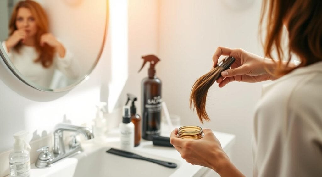 A bright, softly lit bathroom setting with a vanity counter and mirror. On the counter, various hair care products are neatly arranged, including a spray bottle, comb, and a small jar of hair coloring solution. A person's hands are gently applying the coloring solution to their hair, focused on the process. The atmosphere is serene, with a sense of routine and care. Warm, natural lighting filters in through a window, casting a gentle glow. The composition highlights the mindful, step-by-step nature of the hair care routine. Routine capillaire minimaliste après coloration