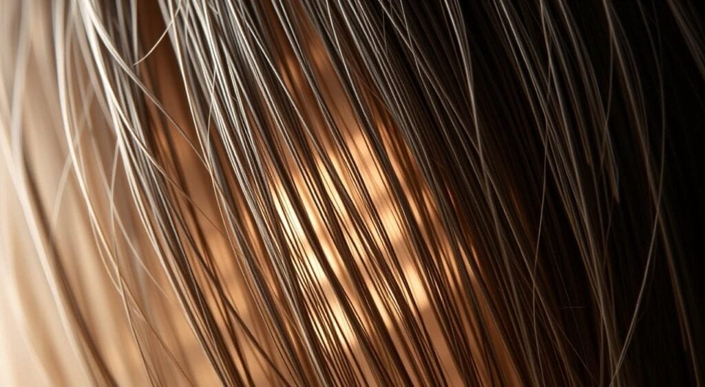 A close-up of hair strands revealing the internal structure of the cuticle and cortex, showcasing the visible signs of capillary porosity. The hair appears slightly damaged, with uneven, frayed edges, and a matte, dull finish. Soft, diffused lighting from the side illuminates the subtle textures and peeled layers, creating a sense of vulnerability and fragility. The background is blurred, keeping the focus on the intricate details of the individual hair fibers. Captured with a high-resolution lens to capture the microscopic imperfections, allowing the viewer to fully appreciate the need for targeted repair and strengthening of the compromised hair structure. A close-up of hair strands revealing the internal structure of the cuticle and cortex, showcasing the visible signs of capillary porosity. The hair appears slightly damaged, with uneven, frayed edges, and a matte, dull finish. Soft, diffused lighting from the side illuminates the subtle textures and peeled layers, creating a sense of vulnerability and fragility. The background is blurred, keeping the focus on the intricate details of the individual hair fibers. Captured with a high-resolution lens to capture the microscopic imperfections, allowing the viewer to fully appreciate the need for targeted repair and strengthening of the compromised hair structure.