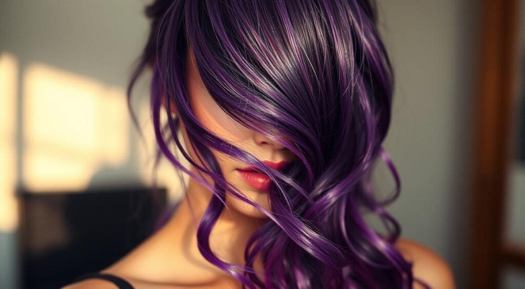 A close-up portrait of a woman with vibrant violet hair, illuminated by soft, warm lighting that enhances the rich, multifaceted tones of her hair color. The foreground focuses on the intricate patterns and shimmering highlights that dance across the wavy strands, conveying a sense of depth and dimension. The background is subtly blurred, creating a sense of focus and drawing the viewer's attention to the captivating hair. The mood is one of sophistication and confidence, reflecting the subject's ability to masterfully pull off this bold, yet stylish hair color. A close-up portrait of a woman with vibrant violet hair, illuminated by soft, warm lighting that enhances the rich, multifaceted tones of her hair color. The foreground focuses on the intricate patterns and shimmering highlights that dance across the wavy strands, conveying a sense of depth and dimension. The background is subtly blurred, creating a sense of focus and drawing the viewer's attention to the captivating hair. The mood is one of sophistication and confidence, reflecting the subject's ability to masterfully pull off this bold, yet stylish hair color.