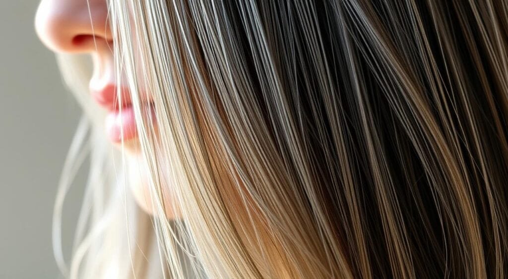 A close-up portrait of a woman's hair, illuminated by soft, natural lighting. The hair strands glisten with a vibrant, healthy shine, showcasing a rich, multi-tonal coloration that seamlessly blends dark and light hues. The focus is on the roots and mid-lengths, revealing a naturalistic, full-coverage solution to graying or white hair. The composition is tight, with the subject's face gently out of focus, emphasizing the intricate details of the hair's texture and color. The overall mood is serene, elegant, and radiates a sense of confidence and self-acceptance. A close-up portrait of a woman's hair, illuminated by soft, natural lighting. The hair strands glisten with a vibrant, healthy shine, showcasing a rich, multi-tonal coloration that seamlessly blends dark and light hues. The focus is on the roots and mid-lengths, revealing a naturalistic, full-coverage solution to graying or white hair. The composition is tight, with the subject's face gently out of focus, emphasizing the intricate details of the hair's texture and color. The overall mood is serene, elegant, and radiates a sense of confidence and self-acceptance.