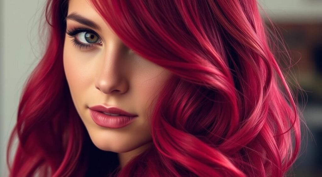 A close-up portrait of a woman's hair, showcasing the vibrant, freshly-dyed color. The lighting is soft and diffused, creating a warm, intimate atmosphere. The hair falls in lush, voluminous waves, the tips curling gently. The background is blurred, drawing the viewer's focus to the subject's captivating gaze and the rich, dimensional hue of her tresses. The image conveys a sense of confidence and well-cared-for beauty, hinting at the care and expertise required to maintain such a stunning color. 6 astuces pour prolonger sa coloration facilement