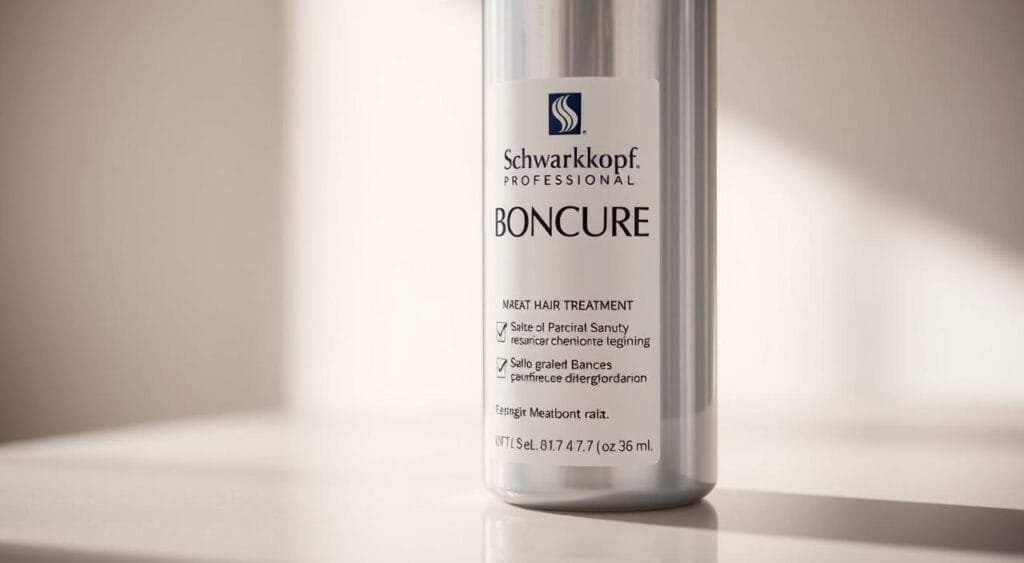 A close-up shot of a bottle of Schwarzkopf Professional Bonacure hair treatment, with a soft, diffused lighting that highlights the product's elegant design and premium appearance. The bottle is placed on a reflective surface, creating a subtle sense of depth and dimensionality. The label prominently displays the brand name and product type, conveying a sense of professionalism and expertise. The background is slightly blurred, keeping the focus on the product and its key features. The overall mood is one of refinement, quality, and the promise of salon-grade hair care. A close-up shot of a bottle of Schwarzkopf Professional Bonacure hair treatment, with a soft, diffused lighting that highlights the product's elegant design and premium appearance. The bottle is placed on a reflective surface, creating a subtle sense of depth and dimensionality. The label prominently displays the brand name and product type, conveying a sense of professionalism and expertise. The background is slightly blurred, keeping the focus on the product and its key features. The overall mood is one of refinement, quality, and the promise of salon-grade hair care.
