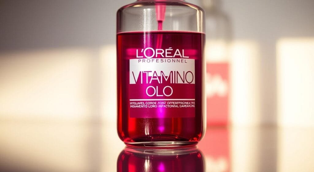 A close-up shot of a glass bottle filled with a vibrant, iridescent purple-red liquid, highlighting the "L'Oréal Professionnel Vitamino Color" label in a soft, warm light. The bottle is positioned on a reflective surface, creating a sense of depth and dimension. The background is blurred, maintaining the focus on the product. The lighting is diffused, creating a soft, inviting atmosphere that evokes a sense of luxury and professional hair care. The composition and styling emphasize the product's elegance and high-quality aesthetics, perfectly suited to illustrate the "L'Oréal Professionnel Vitamino Color - Soin sans rinçage" section of the article. A close-up shot of a glass bottle filled with a vibrant, iridescent purple-red liquid, highlighting the "L'Oréal Professionnel Vitamino Color" label in a soft, warm light. The bottle is positioned on a reflective surface, creating a sense of depth and dimension. The background is blurred, maintaining the focus on the product. The lighting is diffused, creating a soft, inviting atmosphere that evokes a sense of luxury and professional hair care. The composition and styling emphasize the product's elegance and high-quality aesthetics, perfectly suited to illustrate the "L'Oréal Professionnel Vitamino Color - Soin sans rinçage" section of the article.