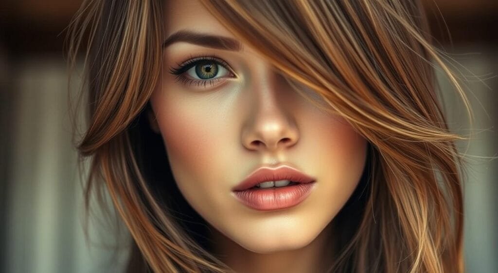 A close-up shot of a woman's face, her hair framing her features in a stylish "money piece" color technique. The lighting is soft and diffused, creating a warm, flattering glow on her skin. The focus is sharp on her eyes and lips, drawing attention to her striking features. The background is blurred, keeping the emphasis on the model's face and hair. The overall mood is one of glamour, highlighting the alluring and eye-catching nature of the money piece style. A close-up shot of a woman's face, her hair framing her features in a stylish "money piece" color technique. The lighting is soft and diffused, creating a warm, flattering glow on her skin. The focus is sharp on her eyes and lips, drawing attention to her striking features. The background is blurred, keeping the emphasis on the model's face and hair. The overall mood is one of glamour, highlighting the alluring and eye-catching nature of the money piece style.