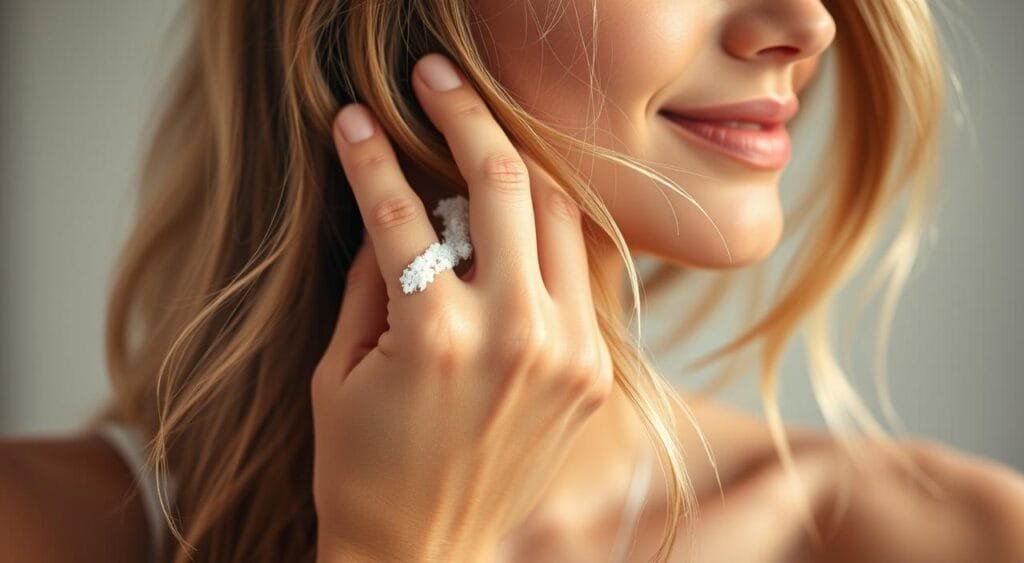 A close-up shot of a woman's hand gently massaging a small amount of dry shampoo into her fine, delicate hair. The texture of the hair is soft and wispy, reflecting the lightness of the product. Soft, diffused lighting illuminates the scene, creating a calming, spa-like atmosphere. The background is blurred, keeping the focus on the serene, intimate moment of hair care. The woman's expression is one of relaxation and contentment, as she pampers her hair with the gentle, nourishing dry shampoo. A close-up shot of a woman's hand gently massaging a small amount of dry shampoo into her fine, delicate hair. The texture of the hair is soft and wispy, reflecting the lightness of the product. Soft, diffused lighting illuminates the scene, creating a calming, spa-like atmosphere. The background is blurred, keeping the focus on the serene, intimate moment of hair care. The woman's expression is one of relaxation and contentment, as she pampers her hair with the gentle, nourishing dry shampoo.