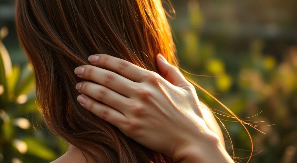 A close-up shot of a woman's hands gently massaging a natural hair growth serum through her lush, vibrant hair. The image is bathed in warm, earthy lighting that casts a soft, glowing hue, heightening the natural beauty of the hair strands. In the background, a blurred scene of lush greenery and nature suggests the organic, holistic approach to hair coloring. The overall composition conveys a sense of nourishment, renewal, and the power of natural remedies to restore and enliven hair. A close-up shot of a woman's hands gently massaging a natural hair growth serum through her lush, vibrant hair. The image is bathed in warm, earthy lighting that casts a soft, glowing hue, heightening the natural beauty of the hair strands. In the background, a blurred scene of lush greenery and nature suggests the organic, holistic approach to hair coloring. The overall composition conveys a sense of nourishment, renewal, and the power of natural remedies to restore and enliven hair.