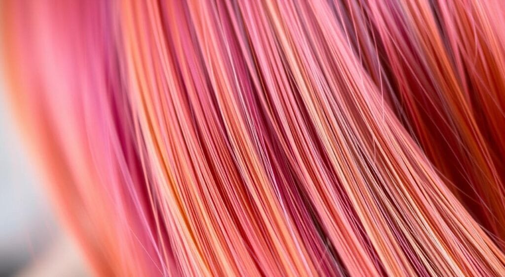 A close-up shot of freshly colored hair with vibrant, shimmering strands that reflect the light. Soft, diffused lighting from the side creates a warm, flattering glow, accentuating the rich, dimensional tones. The hair appears silky and healthy, with a well-maintained, glossy finish. The focus is sharp on the hair's midsection, gradually blurring towards the edges, creating a sense of depth and drawing the viewer's attention to the center of the frame. The background is slightly blurred, creating a gentle, dreamy atmosphere that complements the lustrous hair. A close-up shot of freshly colored hair with vibrant, shimmering strands that reflect the light. Soft, diffused lighting from the side creates a warm, flattering glow, accentuating the rich, dimensional tones. The hair appears silky and healthy, with a well-maintained, glossy finish. The focus is sharp on the hair's midsection, gradually blurring towards the edges, creating a sense of depth and drawing the viewer's attention to the center of the frame. The background is slightly blurred, creating a gentle, dreamy atmosphere that complements the lustrous hair.