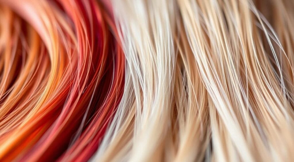 A close-up view of various hair colors and textures, meticulously captured under soft, diffused lighting that accentuates their delicate nature. The foreground showcases a diverse array of vibrant hues, from warm auburn to cool, ashy blondes, each strand glistening with subtle highlights. In the middle ground, the hair strands transition into a blurred, dreamlike background, hinting at the potential for allergic reactions that can be triggered by these captivating colorations. The overall scene conveys a sense of fragility and caution, inviting the viewer to consider the importance of understanding and preventing such adverse reactions. Comment éviter les réactions allergiques aux colorations