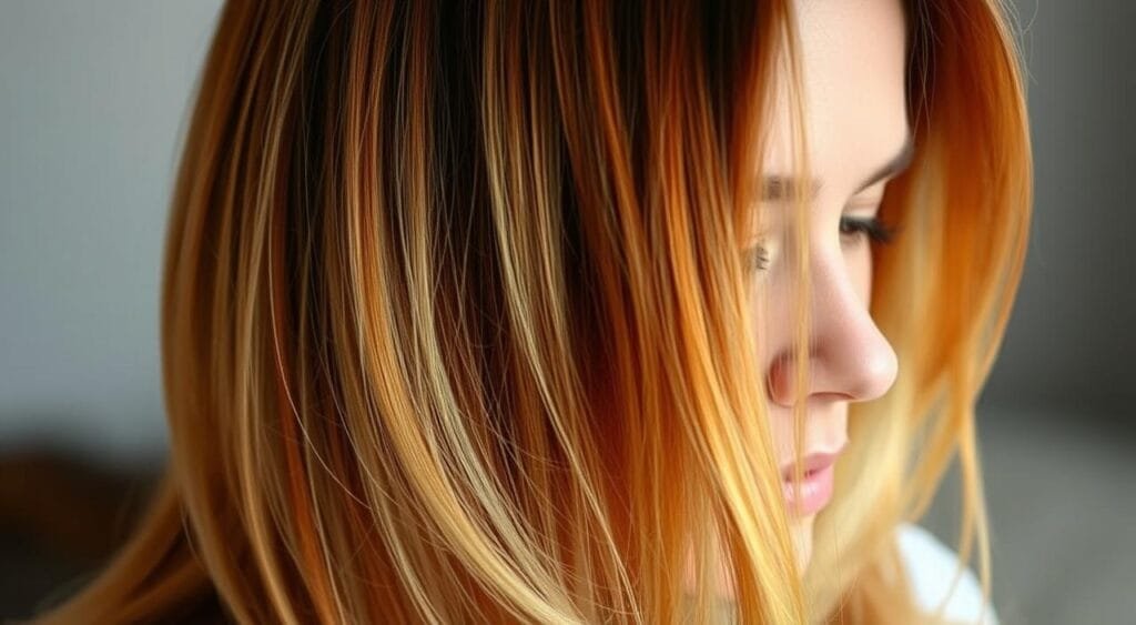 A closeup shot of a person's head and shoulders, their hair vibrant with color. The hair fades from a rich, dark base to a soft, warm golden-brown at the tips, giving the appearance of a natural, gradual regrowth. The lighting is soft and diffused, creating a gentle, naturalistic glow that highlights the shine and texture of the hair. The person's expression is serene, with a slight, introspective gaze, conveying a sense of contentment and confidence in their renewed appearance. The background is blurred, keeping the focus solely on the subject's renewed, revitalized hair. Guide pratique : repigmenter vos cheveux après décoloration