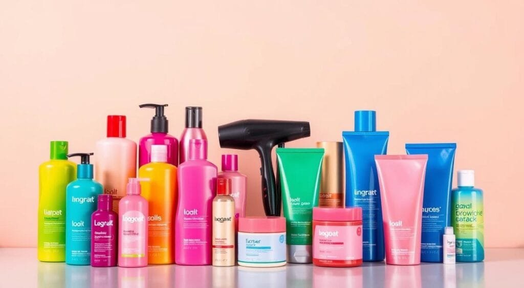 A colorful array of hair care products meticulously arranged against a clean, minimalist background. In the foreground, an assortment of shampoos, conditioners, and hair masks in vibrant hues stand out, each item showcasing its unique packaging design. The middle ground features a collection of styling tools, such as a hairdryer and a ceramic straightening iron, complementing the hair care products. The background is a plain, neutral-toned surface, allowing the vibrant colors and textures of the products to take center stage. Soft, diffused lighting gently illuminates the scene, creating a serene and inviting atmosphere. The overall composition emphasizes the importance of a weekly hair care routine for maintaining beautifully colored tresses. 6 astuces pour prolonger sa coloration facilement