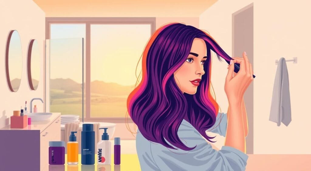 A contemporary illustration of home hair coloring myths, showcasing a serene domestic scene. In the foreground, a woman thoughtfully applies vibrant hair dye, her face reflecting the glow of the warm, ambient lighting. Surrounding her, an array of modern hair care products and tools symbolize the technological advancements in home coloring. The middle ground reveals a tidy, minimalist bathroom interior, with clean lines and neutral tones. In the background, a large window frames a tranquil outdoor landscape, hinting at the harmony between nature and modern living. The overall atmosphere conveys a sense of confidence, clarity, and the debunking of persistent myths about at-home hair coloring. 10 mythes sur la coloration maison (et pourquoi ils sont faux)