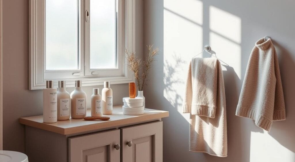 A cozy bathroom interior with a vanity unit in soft, muted tones. On the vanity, an array of haircare products in pastel hues - shampoo, conditioner, hair masks, and a wide-tooth comb. Sunlight filters in through a frosted window, casting a gentle, diffused glow throughout the space. The walls are painted in a soft, cool-toned gray, and plush, neutral-colored towels hang neatly nearby. The overall atmosphere is calming and serene, reflecting the weekly routine of caring for a delicate, cool-toned blonde hairstyle. A cozy bathroom interior with a vanity unit in soft, muted tones. On the vanity, an array of haircare products in pastel hues - shampoo, conditioner, hair masks, and a wide-tooth comb. Sunlight filters in through a frosted window, casting a gentle, diffused glow throughout the space. The walls are painted in a soft, cool-toned gray, and plush, neutral-colored towels hang neatly nearby. The overall atmosphere is calming and serene, reflecting the weekly routine of caring for a delicate, cool-toned blonde hairstyle.