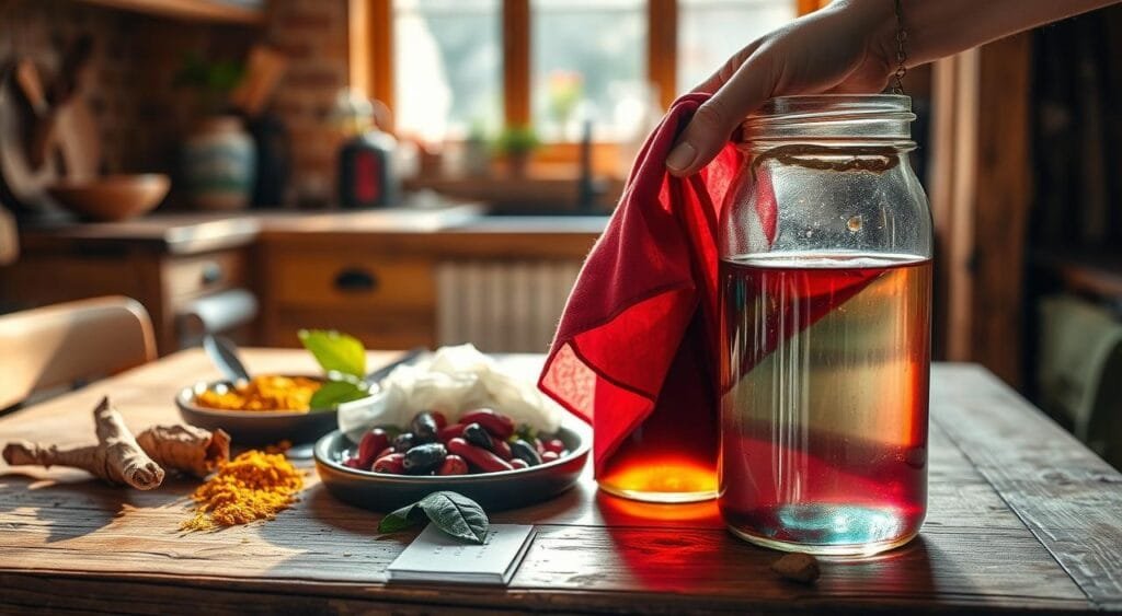 A cozy kitchen bathed in warm, natural light. On a rustic wooden table, an assortment of natural dye materials - turmeric, berries, and leaves - await their transformation. A skilled hand carefully adds a vibrant piece of fabric, immersing it in the plant-based solutions, capturing the essence of sustainable color-fixing. The scene exudes a sense of harmony, where traditional techniques and modern sensibilities converge, promising lasting, eco-friendly hues. A vintage glass jar filled with a jewel-toned dye solution reflects the room's tranquil ambiance. This image embodies the title "Solutions naturelles pour fixer les couleurs durablement". A cozy kitchen bathed in warm, natural light. On a rustic wooden table, an assortment of natural dye materials - turmeric, berries, and leaves - await their transformation. A skilled hand carefully adds a vibrant piece of fabric, immersing it in the plant-based solutions, capturing the essence of sustainable color-fixing. The scene exudes a sense of harmony, where traditional techniques and modern sensibilities converge, promising lasting, eco-friendly hues. A vintage glass jar filled with a jewel-toned dye solution reflects the room's tranquil ambiance. This image embodies the title "Solutions naturelles pour fixer les couleurs durablement".