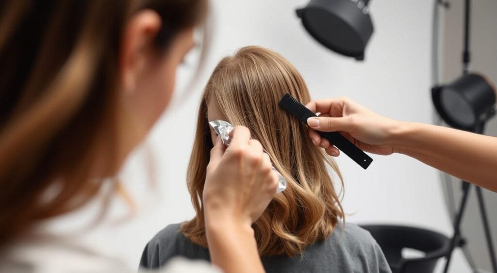 A detailed professional hair coloring technique in a bright, well-lit studio. In the foreground, a stylist's hands carefully applying a highlighting technique, using a foil and comb to create a natural, sun-kissed blonde look. In the middle ground, a model with medium-length brown hair, their face obscured, as the stylist's focus is on the technical process. The background features a minimalist white or neutral-toned studio setup, with subtle shadows and highlights creating depth and dimension. The overall atmosphere conveys a sense of expertise, care, and the transformative power of this coloring method. A detailed professional hair coloring technique in a bright, well-lit studio. In the foreground, a stylist's hands carefully applying a highlighting technique, using a foil and comb to create a natural, sun-kissed blonde look. In the middle ground, a model with medium-length brown hair, their face obscured, as the stylist's focus is on the technical process. The background features a minimalist white or neutral-toned studio setup, with subtle shadows and highlights creating depth and dimension. The overall atmosphere conveys a sense of expertise, care, and the transformative power of this coloring method.