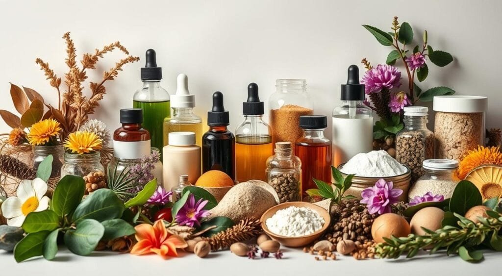 A detailed still life composition featuring an assortment of various haircare ingredients. In the foreground, a selection of natural botanicals such as leaves, flowers, and herbs are artfully arranged. In the middle ground, several glass jars and bottles filled with serums, oils, and powders are positioned with precision. The background depicts a clean, minimalist backdrop, allowing the ingredients to take center stage. The lighting is soft and diffused, creating a sense of balance and harmony. The overall mood is one of scientific curiosity and a celebration of the natural elements that contribute to effective haircare formulations. A detailed still life composition featuring an assortment of various haircare ingredients. In the foreground, a selection of natural botanicals such as leaves, flowers, and herbs are artfully arranged. In the middle ground, several glass jars and bottles filled with serums, oils, and powders are positioned with precision. The background depicts a clean, minimalist backdrop, allowing the ingredients to take center stage. The lighting is soft and diffused, creating a sense of balance and harmony. The overall mood is one of scientific curiosity and a celebration of the natural elements that contribute to effective haircare formulations.