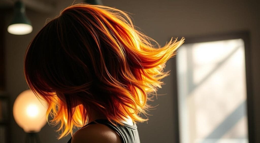 A dramatic transformation of hair color, showcasing a striking avant-après transition. In the foreground, a model's head is tilted back, revealing vibrant, multi-tonal locks in a captivating blend of warm hues - fiery red, bold orange, and burnished golden tones. The lighting is dramatic, casting dramatic shadows and highlights that accentuate the depth and dimension of the new color. In the background, a soft, slightly blurred environment sets the stage, hinting at a stylized, editorial-inspired setting. The overall mood is one of bold, confident transformation, capturing the essence of a radical hair color makeover.
