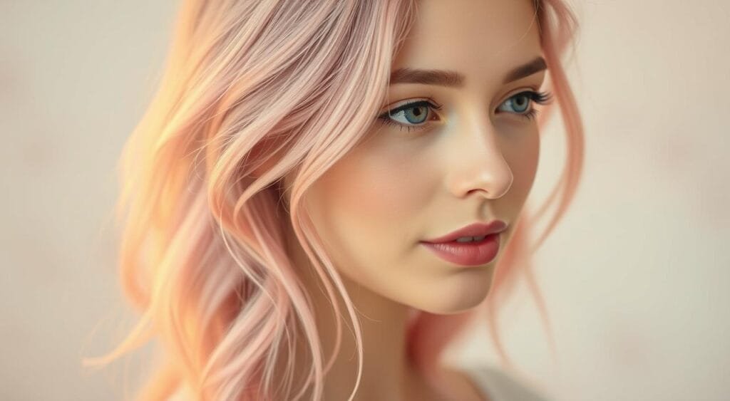 A dreamy, romantic pastel pink hairstyle against a soft, blurred background. A young woman with delicate features, her hair subtly colored in a delicate rose tone, cascading gently around her face. Soft, warm lighting from the left side creates a flattering, ethereal glow, accentuating the delicate strands and highlighting the feminine, whimsical aesthetic. The background is blurred, with a muted gradient of pastel hues, creating a sense of tranquility and dreaminess. The overall mood is serene, gentle, and captivating, perfectly encapsulating the essence of a romantic, pastel-tinted hairstyle. 7 inspirations coiffure pour cheveux décolorés
