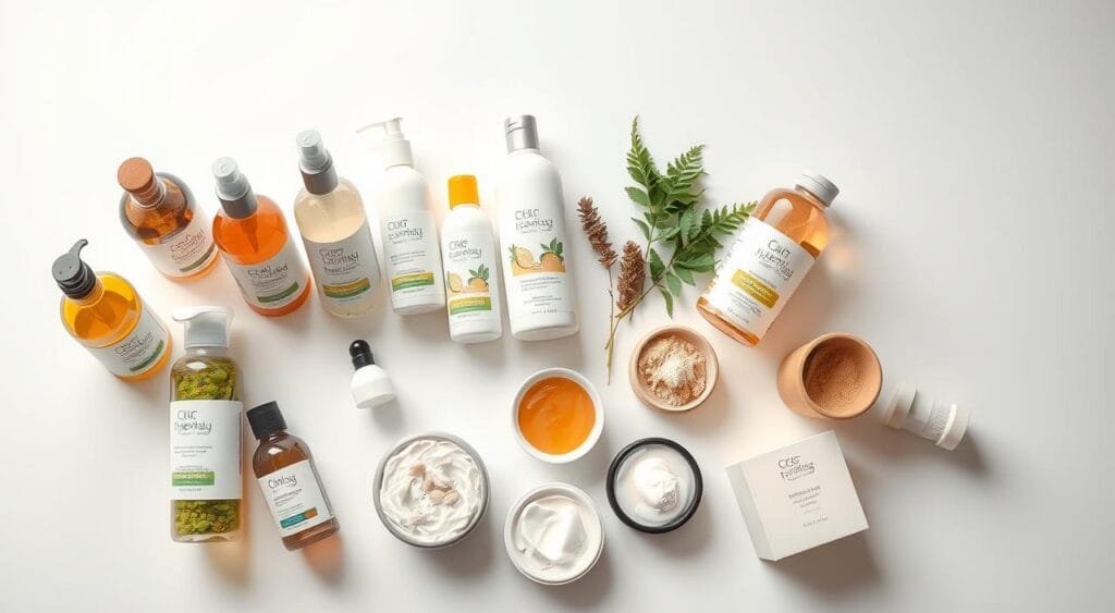 A high-angle shot of a variety of eco-friendly hair care products arranged on a minimalist white background. The foreground features an assortment of shampoo bottles, conditioners, and hair masks made from natural, biodegradable ingredients like plant-derived oils, extracts, and minerals. The middle ground showcases a handful of these products in use, with clean, well-lit close-ups highlighting their natural, low-impact formulas. The background is a soft, neutral gradient that emphasizes the purity and environmental consciousness of the displayed items. The overall mood is one of simplicity, transparency, and a commitment to sustainability, reflecting the scientific principles behind the selection of these conscientious haircare solutions. A high-angle shot of a variety of eco-friendly hair care products arranged on a minimalist white background. The foreground features an assortment of shampoo bottles, conditioners, and hair masks made from natural, biodegradable ingredients like plant-derived oils, extracts, and minerals. The middle ground showcases a handful of these products in use, with clean, well-lit close-ups highlighting their natural, low-impact formulas. The background is a soft, neutral gradient that emphasizes the purity and environmental consciousness of the displayed items. The overall mood is one of simplicity, transparency, and a commitment to sustainability, reflecting the scientific principles behind the selection of these conscientious haircare solutions.