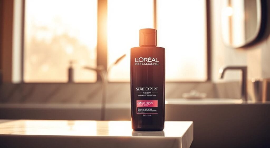 A high-end professional shampoo bottle sitting on a sleek, modern bathroom counter, illuminated by warm, natural lighting streaming through a large window. The bottle has a glossy, luxurious finish, with the L'Oréal Professionnel Serie Expert Absolut Repair logo prominently displayed. The background is softly blurred, creating a sense of depth and focus on the shampoo. The overall mood is one of sophisticated, salon-quality hair care, conveying the intense reparative properties of the product. A high-end professional shampoo bottle sitting on a sleek, modern bathroom counter, illuminated by warm, natural lighting streaming through a large window. The bottle has a glossy, luxurious finish, with the L'Oréal Professionnel Serie Expert Absolut Repair logo prominently displayed. The background is softly blurred, creating a sense of depth and focus on the shampoo. The overall mood is one of sophisticated, salon-quality hair care, conveying the intense reparative properties of the product.