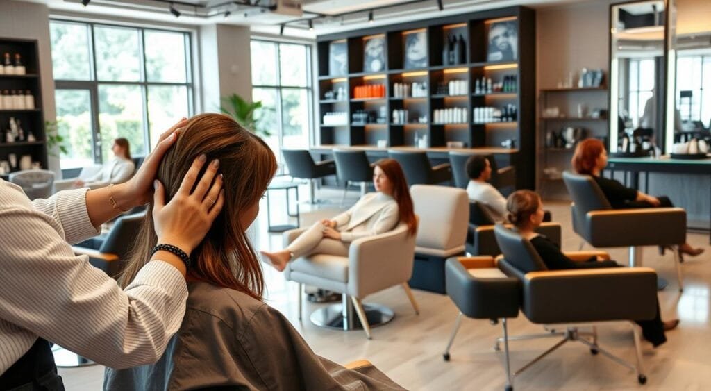 A high-end salon interior with modern decor and elegant furnishings. In the foreground, a hairstylist expertly applies a deep conditioning treatment to a client's hair, their hands gently massaging the scalp. In the middle ground, several clients recline in plush chairs, receiving specialized services like hair coloring or keratin treatments. The background features sleek styling stations, shelves displaying premium haircare products, and large windows allowing natural light to flood the space. The atmosphere is one of tranquility and pampering, with a touch of luxury. A high-end salon interior with modern decor and elegant furnishings. In the foreground, a hairstylist expertly applies a deep conditioning treatment to a client's hair, their hands gently massaging the scalp. In the middle ground, several clients recline in plush chairs, receiving specialized services like hair coloring or keratin treatments. The background features sleek styling stations, shelves displaying premium haircare products, and large windows allowing natural light to flood the space. The atmosphere is one of tranquility and pampering, with a touch of luxury.