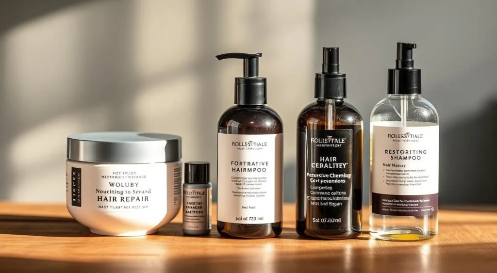 A high-quality assortment of hair repair products including a nourishing hair mask, a fortifying shampoo, and a restorative hair serum, all arranged on a wooden surface bathed in soft, diffused lighting. The products are displayed against a blurred, out-of-focus background, drawing the viewer's attention to the details of the items. The overall scene conveys a sense of care, indulgence, and professional-grade solutions for hair damaged by chemical treatments. A high-quality assortment of hair repair products including a nourishing hair mask, a fortifying shampoo, and a restorative hair serum, all arranged on a wooden surface bathed in soft, diffused lighting. The products are displayed against a blurred, out-of-focus background, drawing the viewer's attention to the details of the items. The overall scene conveys a sense of care, indulgence, and professional-grade solutions for hair damaged by chemical treatments.