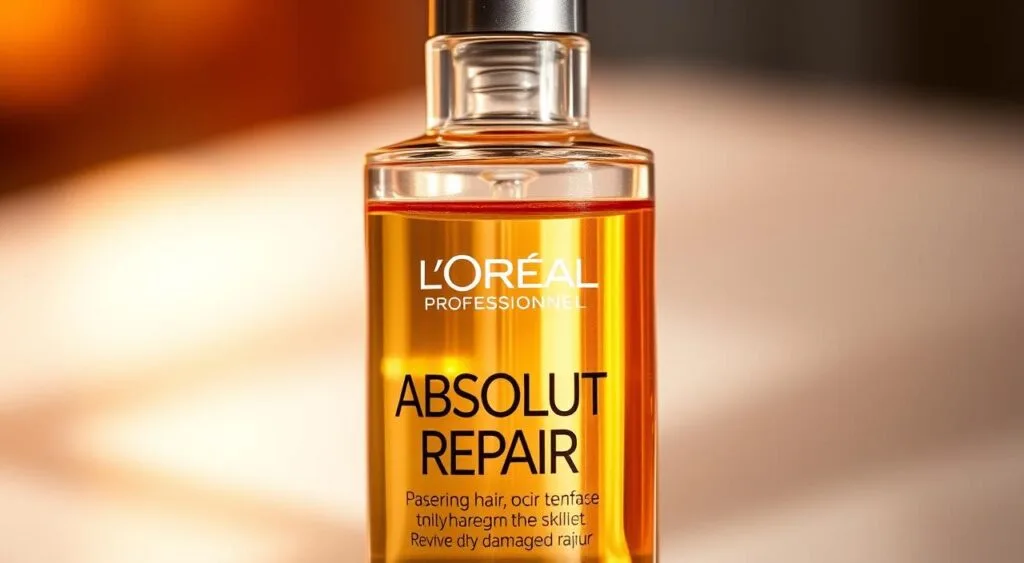 A high-quality close-up photograph of a glass bottle containing a clear, amber-colored hair serum product. The bottle has a sleek, modern design with a minimalist label showcasing the L'Oréal Professionnel Absolut Repair brand name. The bottle is set against a soft, out-of-focus background with warm, natural lighting, creating a clean, professional, and inviting product shot. The image captures the essence of a luxurious hair care solution that can help revive and repair dry, damaged hair. A high-quality close-up photograph of a glass bottle containing a clear, amber-colored hair serum product. The bottle has a sleek, modern design with a minimalist label showcasing the L'Oréal Professionnel Absolut Repair brand name. The bottle is set against a soft, out-of-focus background with warm, natural lighting, creating a clean, professional, and inviting product shot. The image captures the essence of a luxurious hair care solution that can help revive and repair dry, damaged hair.