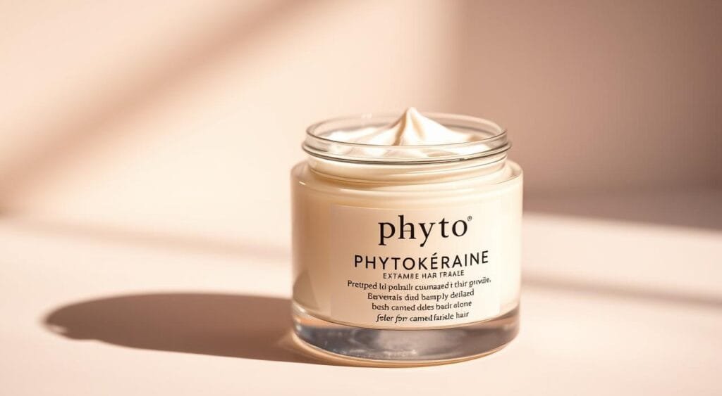 A high-quality close-up shot of a luxurious glass jar containing a rich, creamy hair mask. The jar is positioned on a sleek, minimalist background, illuminated by soft, warm lighting that casts gentle shadows and highlights the product's texture and color. The label prominently displays the brand name "Phyto Phytokératine Extrême" in a elegant, sophisticated font. The overall composition and styling conveys a sense of indulgence, pampering, and restorative care for damaged, fragile hair. A high-quality close-up shot of a luxurious glass jar containing a rich, creamy hair mask. The jar is positioned on a sleek, minimalist background, illuminated by soft, warm lighting that casts gentle shadows and highlights the product's texture and color. The label prominently displays the brand name "Phyto Phytokératine Extrême" in a elegant, sophisticated font. The overall composition and styling conveys a sense of indulgence, pampering, and restorative care for damaged, fragile hair.