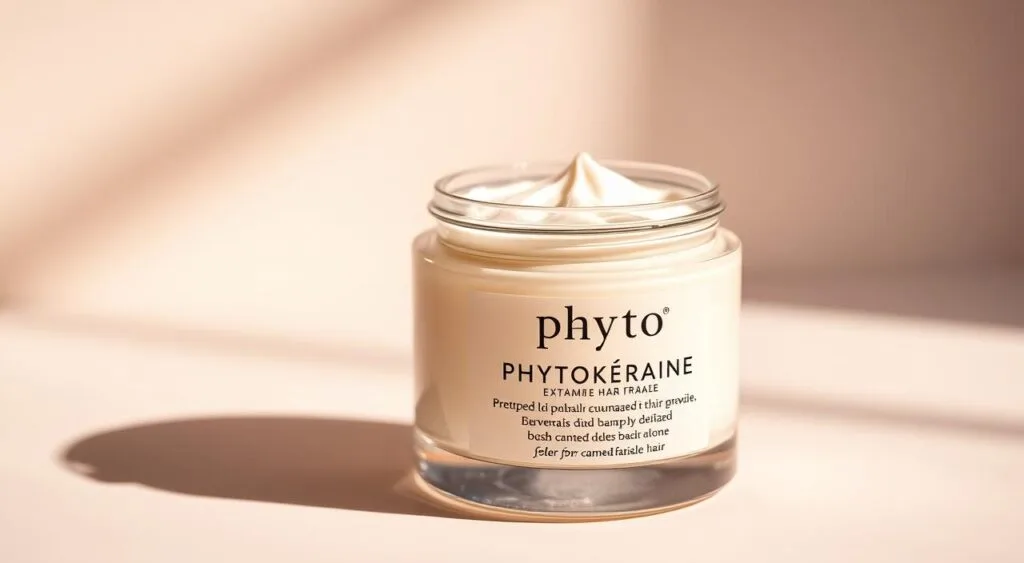 A high-quality close-up shot of a luxurious glass jar containing a rich, creamy hair mask. The jar is positioned on a sleek, minimalist background, illuminated by soft, warm lighting that casts gentle shadows and highlights the product's texture and color. The label prominently displays the brand name "Phyto Phytokératine Extrême" in a elegant, sophisticated font. The overall composition and styling conveys a sense of indulgence, pampering, and restorative care for damaged, fragile hair. A high-quality close-up shot of a luxurious glass jar containing a rich, creamy hair mask. The jar is positioned on a sleek, minimalist background, illuminated by soft, warm lighting that casts gentle shadows and highlights the product's texture and color. The label prominently displays the brand name "Phyto Phytokératine Extrême" in a elegant, sophisticated font. The overall composition and styling conveys a sense of indulgence, pampering, and restorative care for damaged, fragile hair.