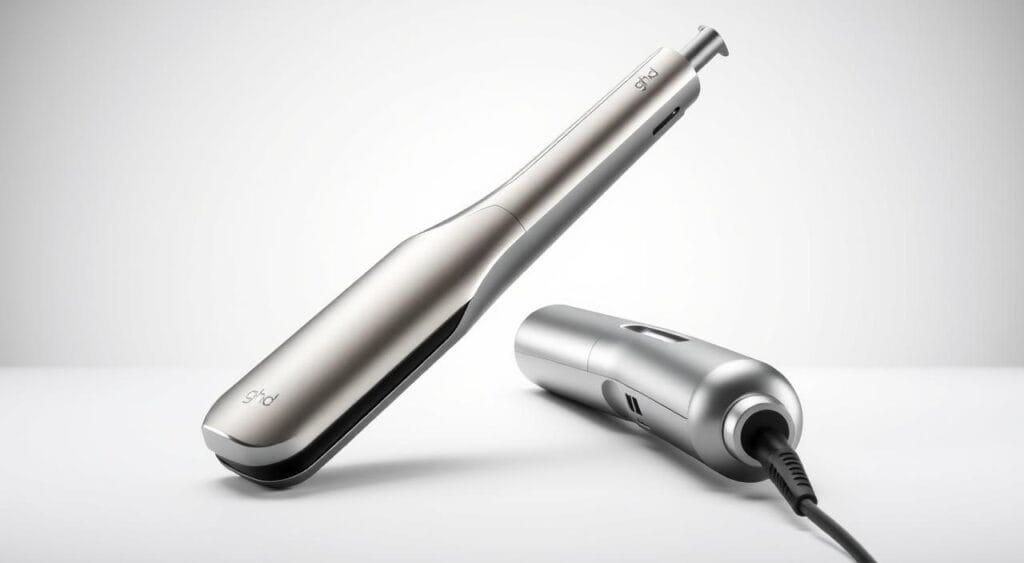 A high-quality professional hair straightener with a sleek, modern design. The ghd Platinum+ features advanced ceramic heaters that maintain an even temperature of 185°C, gently straightening hair while protecting it from damage. Shoot the device in a clean, well-lit studio setting, with a soft, diffused light that highlights the shiny metallic finish and the smooth, rounded edges. Capture the straightener from multiple angles - a close-up showcasing the precision controls, a three-quarter view to display the overall form factor, and a birds-eye shot to emphasize the streamlined silhouette. The background should be a simple, neutral color that allows the product to take center stage, conveying a sense of elegance and sophistication. Top 7 des produits capillaires pro indispensables