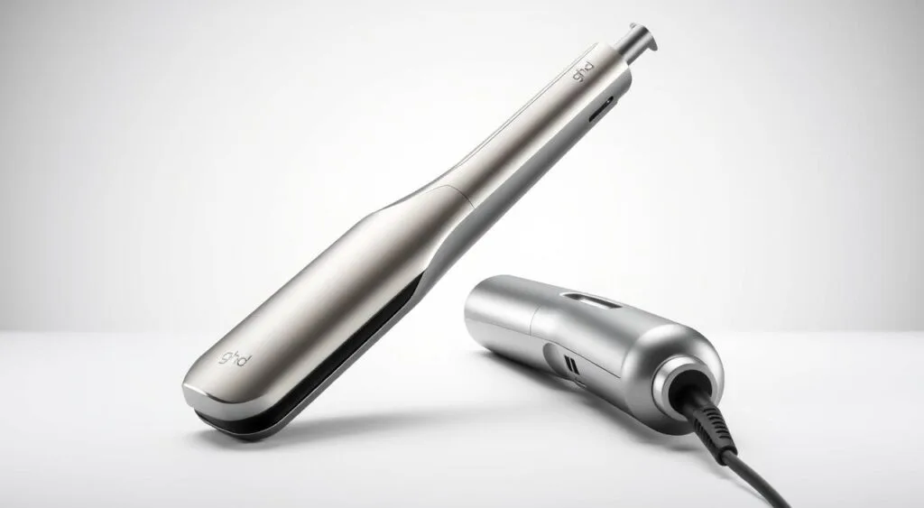 A high-quality professional hair straightener with a sleek, modern design. The ghd Platinum+ features advanced ceramic heaters that maintain an even temperature of 185°C, gently straightening hair while protecting it from damage. Shoot the device in a clean, well-lit studio setting, with a soft, diffused light that highlights the shiny metallic finish and the smooth, rounded edges. Capture the straightener from multiple angles - a close-up showcasing the precision controls, a three-quarter view to display the overall form factor, and a birds-eye shot to emphasize the streamlined silhouette. The background should be a simple, neutral color that allows the product to take center stage, conveying a sense of elegance and sophistication. Top 7 des produits capillaires pro indispensables