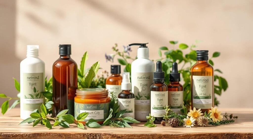 A high-quality still life scene featuring an assortment of natural hair care products. In the foreground, various bottles, jars, and tubes of organic, plant-based shampoos, conditioners, and serums are arranged artfully on a wooden surface. The middle ground showcases vibrant green leaves, herbs, and flowers that evoke the natural, botanical ingredients used in the products. The background is softly blurred, creating a sense of depth and focus on the central items. Gentle, natural lighting illuminates the scene, casting warm, flattering shadows and highlights the textures and colors of the natural elements. The overall mood is one of simplicity, purity, and an emphasis on the inherent goodness of these hair care essentials. Faut-il vraiment éviter le silicone dans les produits capillaires ?
