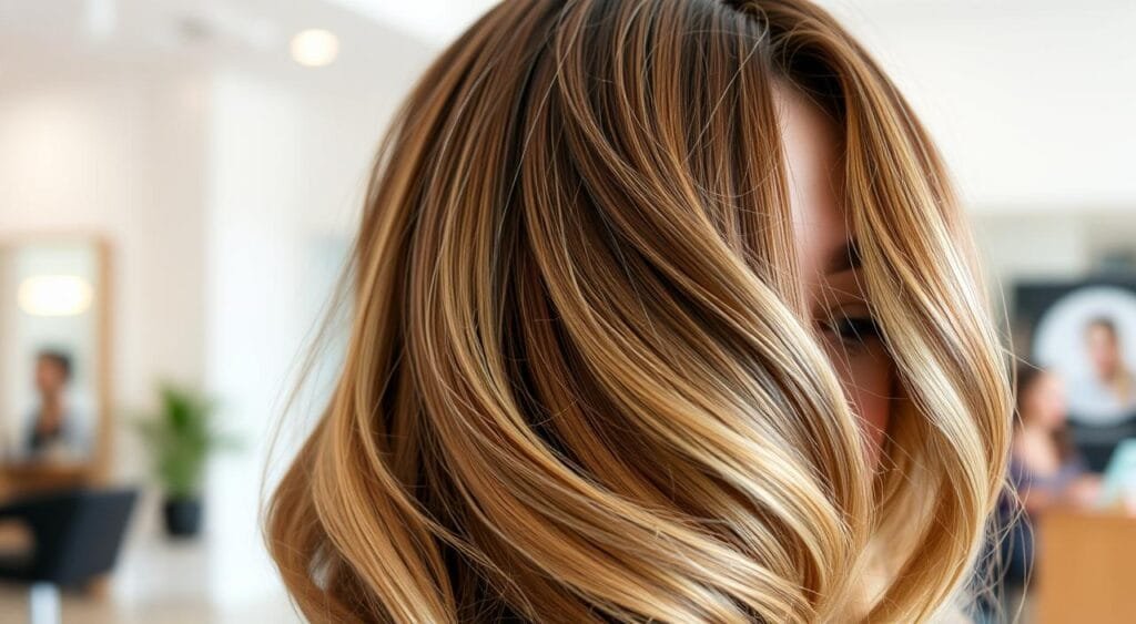 A high-resolution close-up image showcasing three distinct hairstyling techniques - balayage, highlights, and ombre. The image should be shot in a bright, well-lit salon setting with a neutral background, allowing the hair to be the focal point. The model's hair should have a natural, healthy-looking texture and shine, highlighting the nuanced color transitions and blending between the different techniques. The lighting should be soft and flattering, creating depth and dimension in the hair. The camera angle should be slightly above the model, providing a clear view of the top and sides of the hair. The overall mood should be one of elegance, professionalism, and beauty, conveying the expertise and artistry involved in these hairstyling methods. A high-resolution close-up image showcasing three distinct hairstyling techniques - balayage, highlights, and ombre. The image should be shot in a bright, well-lit salon setting with a neutral background, allowing the hair to be the focal point. The model's hair should have a natural, healthy-looking texture and shine, highlighting the nuanced color transitions and blending between the different techniques. The lighting should be soft and flattering, creating depth and dimension in the hair. The camera angle should be slightly above the model, providing a clear view of the top and sides of the hair. The overall mood should be one of elegance, professionalism, and beauty, conveying the expertise and artistry involved in these hairstyling methods.