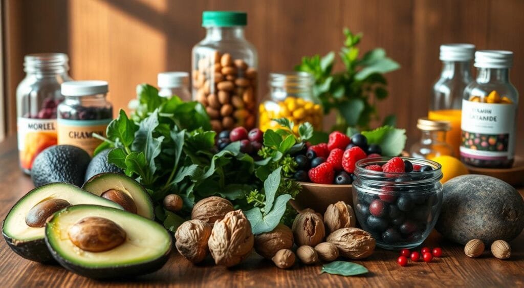 A highly detailed still life of various hair-nourishing foods and supplements arranged on a wooden table. In the foreground, there are whole foods like avocados, walnuts, leafy greens, and a bowl of fresh berries. In the middle ground, there are glass bottles and jars filled with colorful vitamin and mineral supplements. The background has soft natural lighting, creating warm shadows and highlights that emphasize the textures and colors of the scene. The overall mood is one of health, vitality, and a holistic approach to hair care. A highly detailed still life of various hair-nourishing foods and supplements arranged on a wooden table. In the foreground, there are whole foods like avocados, walnuts, leafy greens, and a bowl of fresh berries. In the middle ground, there are glass bottles and jars filled with colorful vitamin and mineral supplements. The background has soft natural lighting, creating warm shadows and highlights that emphasize the textures and colors of the scene. The overall mood is one of health, vitality, and a holistic approach to hair care.