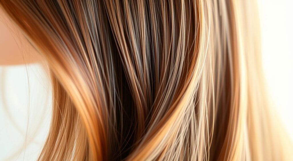 A luminous close-up of a person's hair, freshly styled and gleaming with healthy shine. The strands are soft, smooth, and supple, reflecting the skillful care and attention applied. Gentle, diffused lighting bathes the hair in a warm, flattering glow, highlighting its vibrant color and impeccable condition. The background is slightly blurred, keeping the focus squarely on the meticulously maintained tresses. The overall mood is one of serene transformation, where the hair's renewed vitality and luster are the stars of the scene.