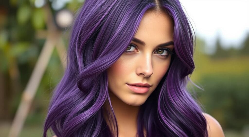 A lush, natural violet hue cascades over the subject's tresses, illuminated by soft, diffused lighting that accentuates the subtle nuances and depth of the color. The hair appears healthy, glossy, and vibrant, framing the face in a flattering, elegant manner. The background is a serene, blurred natural setting, allowing the vibrant violet color to take center stage. The image conveys a sense of effortless beauty and a harmonious blending of the artificial and the organic, perfectly capturing the essence of a "natural violet" coloration. A lush, natural violet hue cascades over the subject's tresses, illuminated by soft, diffused lighting that accentuates the subtle nuances and depth of the color. The hair appears healthy, glossy, and vibrant, framing the face in a flattering, elegant manner. The background is a serene, blurred natural setting, allowing the vibrant violet color to take center stage. The image conveys a sense of effortless beauty and a harmonious blending of the artificial and the organic, perfectly capturing the essence of a "natural violet" coloration.