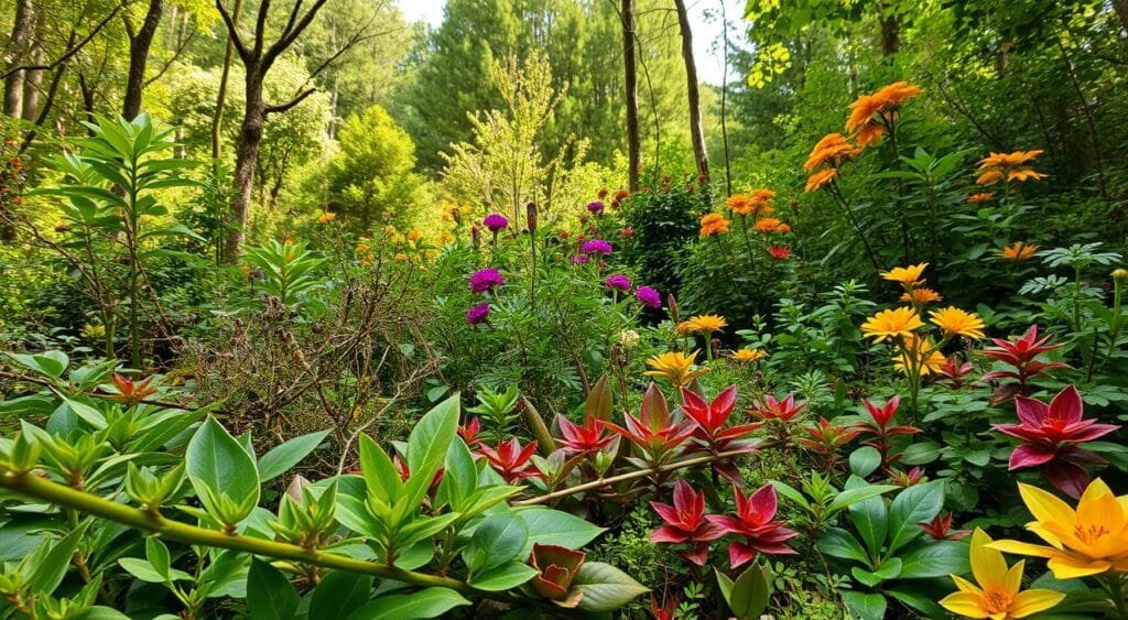 A lush, verdant landscape filled with vibrant, naturally occurring plant colorations. In the foreground, a close-up of diverse foliage textures, hues, and patterns - deep greens, earthy tones, and pops of vivid reds, oranges, and yellows. The middle ground features a mix of flowering plants, bushes, and trees, their leaves and petals showcasing the spectrum of natural pigments. The background is a sun-dappled woodland scene, the soft light filtering through the canopy, casting a warm, organic glow over the entire composition. Captured with a wide-angle lens to emphasize the depth and scale of this untouched natural wonder, free from any artificial or chemical enhancements. A lush, verdant landscape filled with vibrant, naturally occurring plant colorations. In the foreground, a close-up of diverse foliage textures, hues, and patterns - deep greens, earthy tones, and pops of vivid reds, oranges, and yellows. The middle ground features a mix of flowering plants, bushes, and trees, their leaves and petals showcasing the spectrum of natural pigments. The background is a sun-dappled woodland scene, the soft light filtering through the canopy, casting a warm, organic glow over the entire composition. Captured with a wide-angle lens to emphasize the depth and scale of this untouched natural wonder, free from any artificial or chemical enhancements.