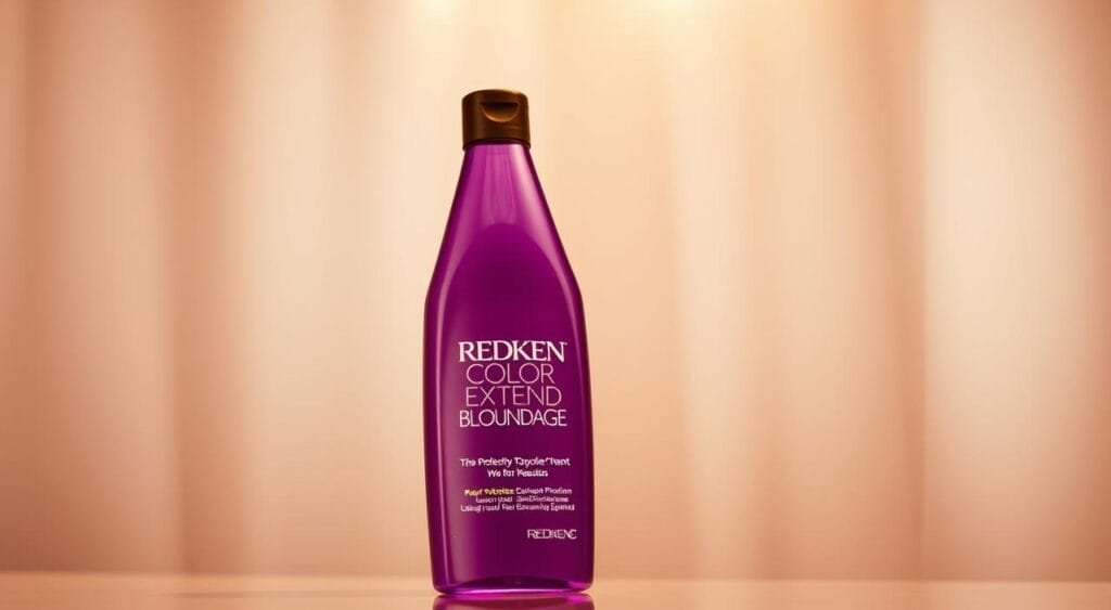 A luxurious Redken Color Extend Blondage shampoo bottle, elegantly poised against a soft, diffused background. The bottle's sleek, violet-hued design stands out, with the light subtly highlighting its curves and reflecting off the glass. The product's label is prominently displayed, showcasing the Redken brand name and the "Color Extend Blondage" text in a clean, modern font. Overhead lighting casts a warm, golden glow, creating a high-end, salon-like ambiance. The image conveys a sense of professional-grade hair care, promising effective color protection and radiant, blonde-enhancing results. A luxurious Redken Color Extend Blondage shampoo bottle, elegantly poised against a soft, diffused background. The bottle's sleek, violet-hued design stands out, with the light subtly highlighting its curves and reflecting off the glass. The product's label is prominently displayed, showcasing the Redken brand name and the "Color Extend Blondage" text in a clean, modern font. Overhead lighting casts a warm, golden glow, creating a high-end, salon-like ambiance. The image conveys a sense of professional-grade hair care, promising effective color protection and radiant, blonde-enhancing results.
