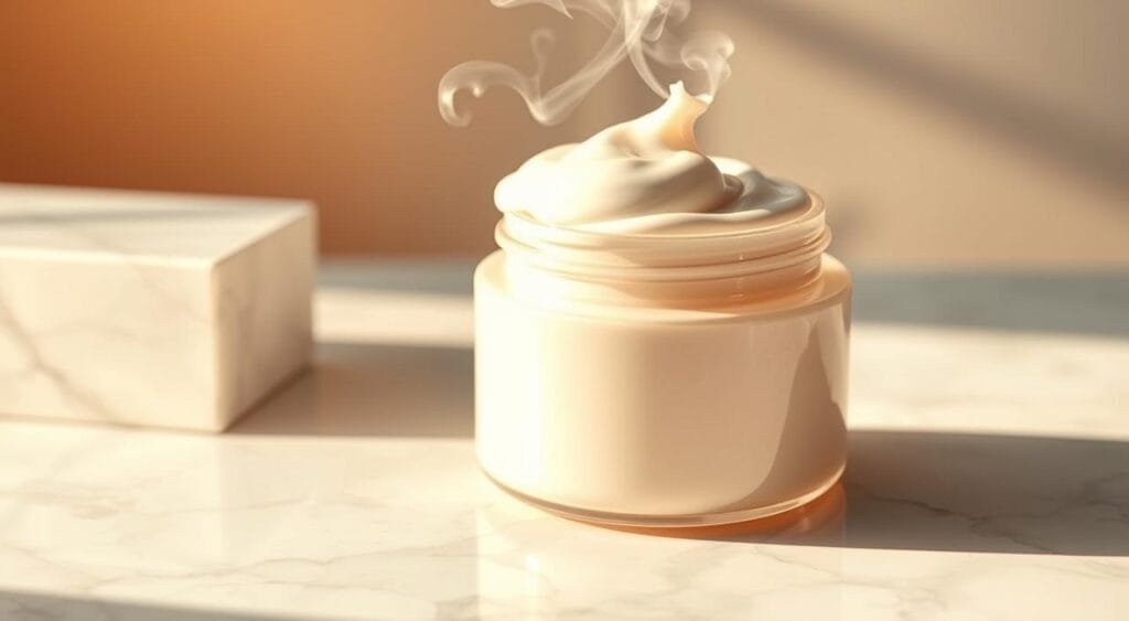 A luxurious, deep conditioning hair mask resting on a white marble surface, bathed in warm, soft lighting. The jar has a minimalist, elegant design with a textured surface, hinting at the nourishing and moisturizing properties of the hair treatment within. Delicate steam wisps curl up from the jar, suggesting the intense hydration and rejuvenation the mask provides. The composition is balanced, with the mask occupying the central focus, surrounded by a clean, sophisticated background that allows the product to shine. The overall mood is one of indulgence, pampering, and a transformative hair care experience. A luxurious, deep conditioning hair mask resting on a white marble surface, bathed in warm, soft lighting. The jar has a minimalist, elegant design with a textured surface, hinting at the nourishing and moisturizing properties of the hair treatment within. Delicate steam wisps curl up from the jar, suggesting the intense hydration and rejuvenation the mask provides. The composition is balanced, with the mask occupying the central focus, surrounded by a clean, sophisticated background that allows the product to shine. The overall mood is one of indulgence, pampering, and a transformative hair care experience.
